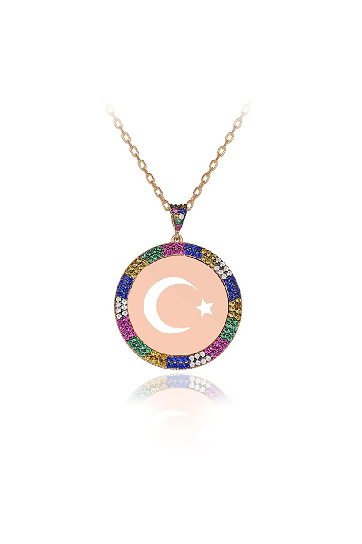 Kadın Rose Rengarenk Taşlı 925 Ayar Gümüş Plaka Ay Yıldız  Kolye