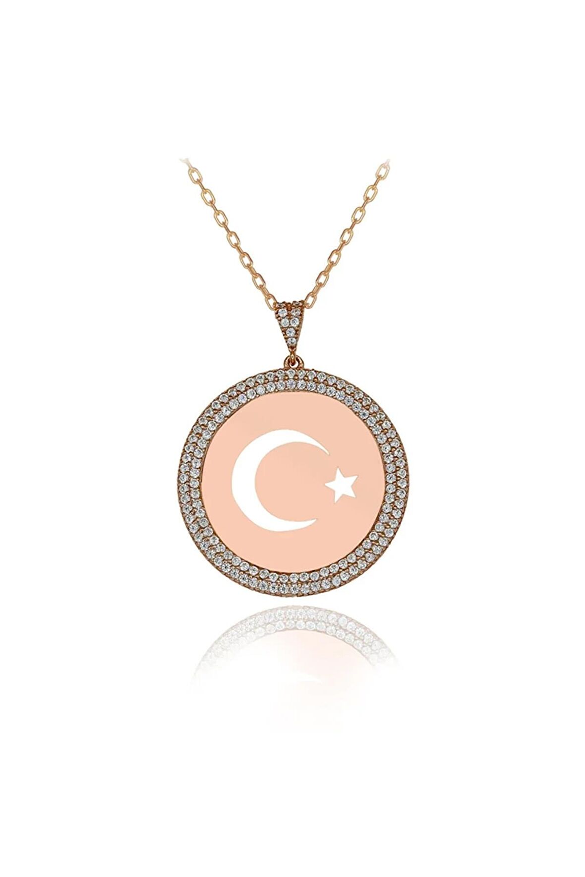 Kadın Rose Beyaz Taşlı 925 Ayar Gümüş Plaka Ay Yıldız Gümüş Kolye