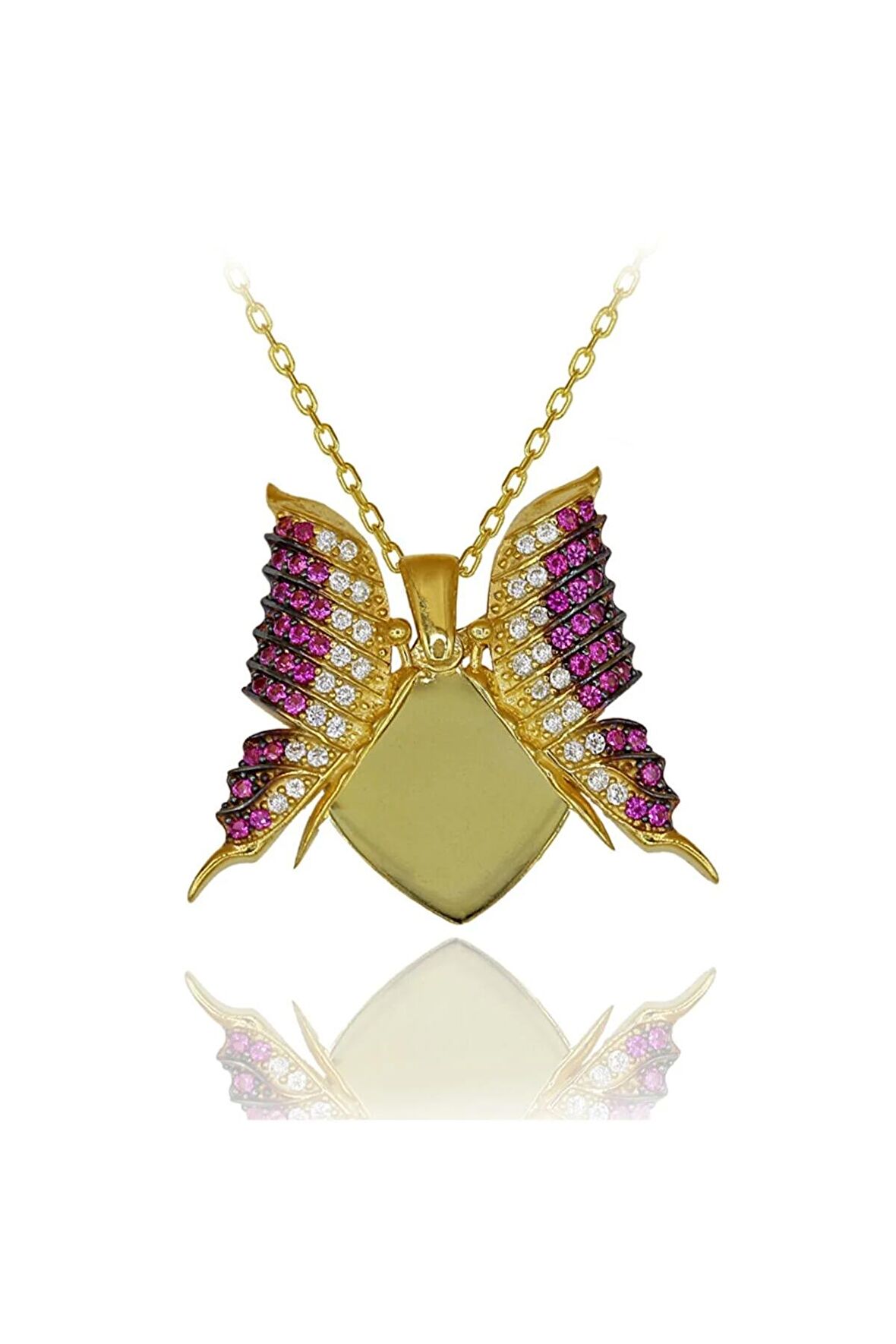 Fuşya Beyaz Taşlı Kalpli Kelebek Gümüş Kolye