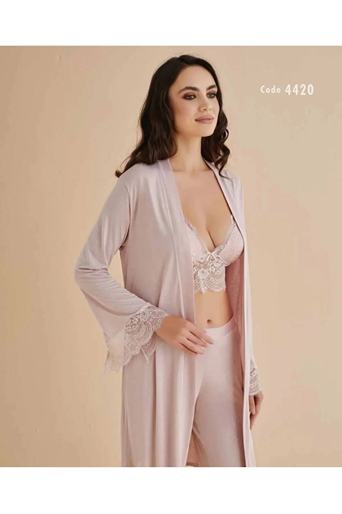 Kadın Pudra  Pamuklu Gecelik Sabahlık Set