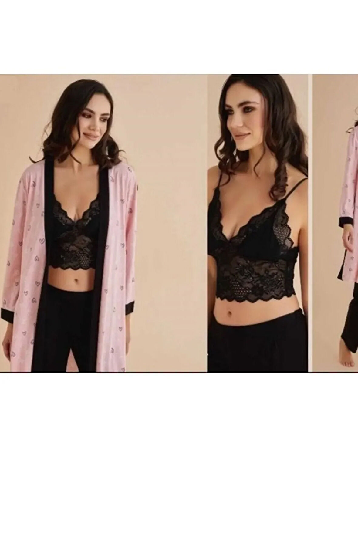 Kadın Üçlü Takım Büstiyerli Dantel Detaylı Pijama Takımı