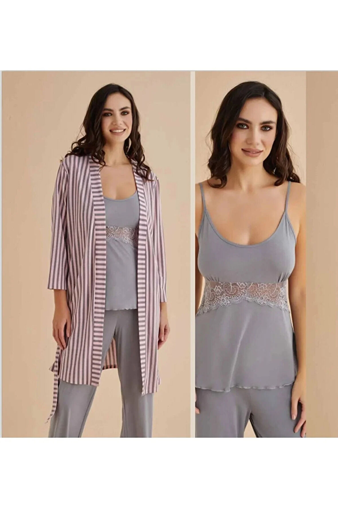 Kadın Gri  Üçlü Takım Sabahlıklı  Penye Dantel Detaylı Pijama Takımı