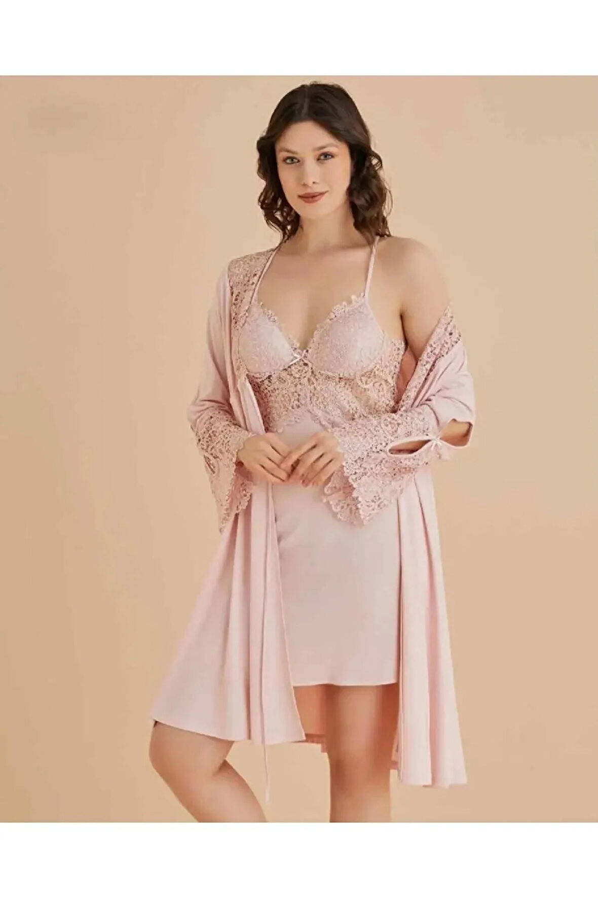 Kadın Pudra 6'lı Penye Kısa Gecelik Sabahlık Şortlu Pijama Takımı R.o.z.4.6.2.5.e.l.t