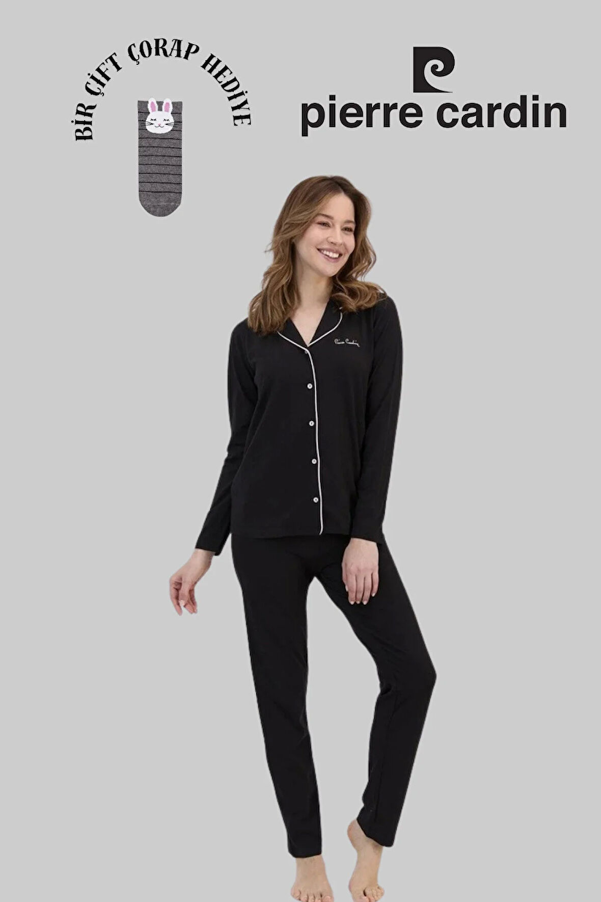 Kadın Siyah Modal & Pamuklu, Uzun Kollu, Önden Düğmeli, Kadın Pijama Takımı 1 Çift Çorap Hediye