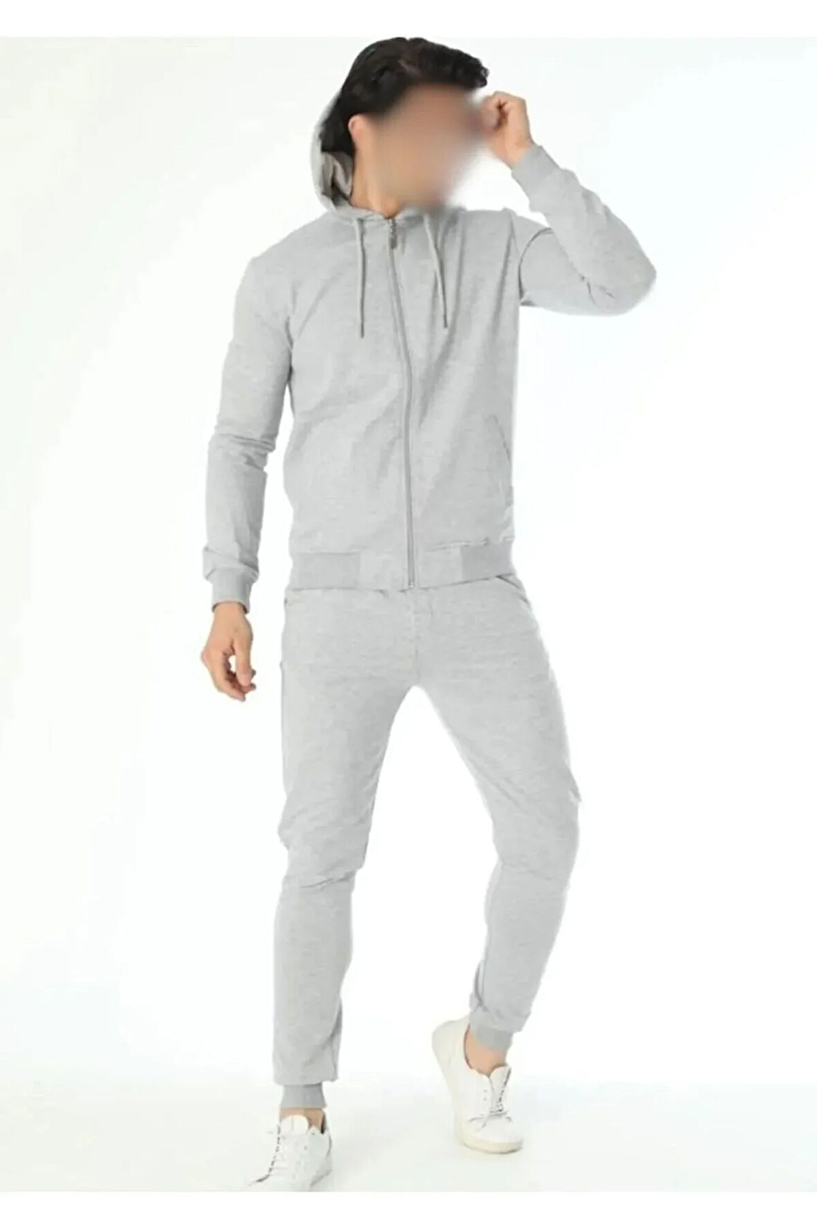 Erkek Bağcıklı Yaka Kapüşonlu Erkek Gri Eşofman Takımı 1ROZELT454
