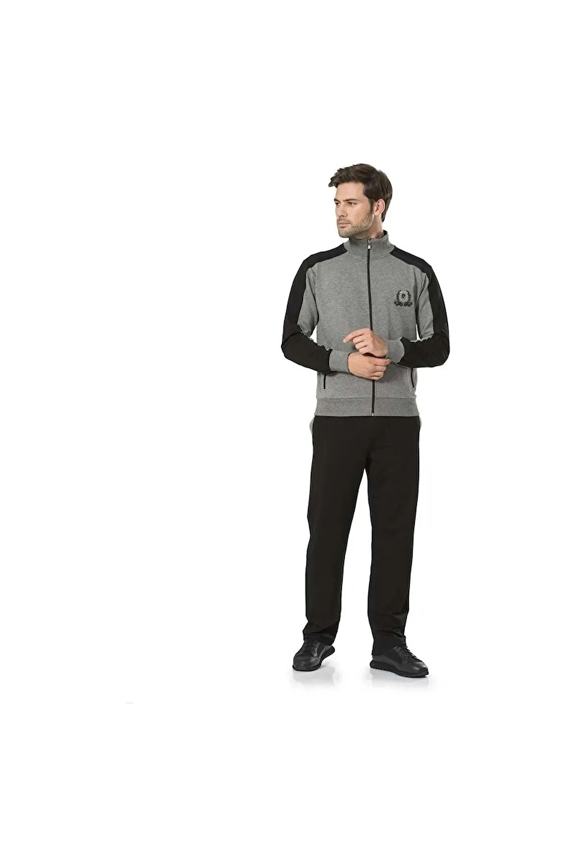 Erkek Gri   Fermuarlı Eşofman Takımı R.O.Z.7.0.E.L.4.5.T.