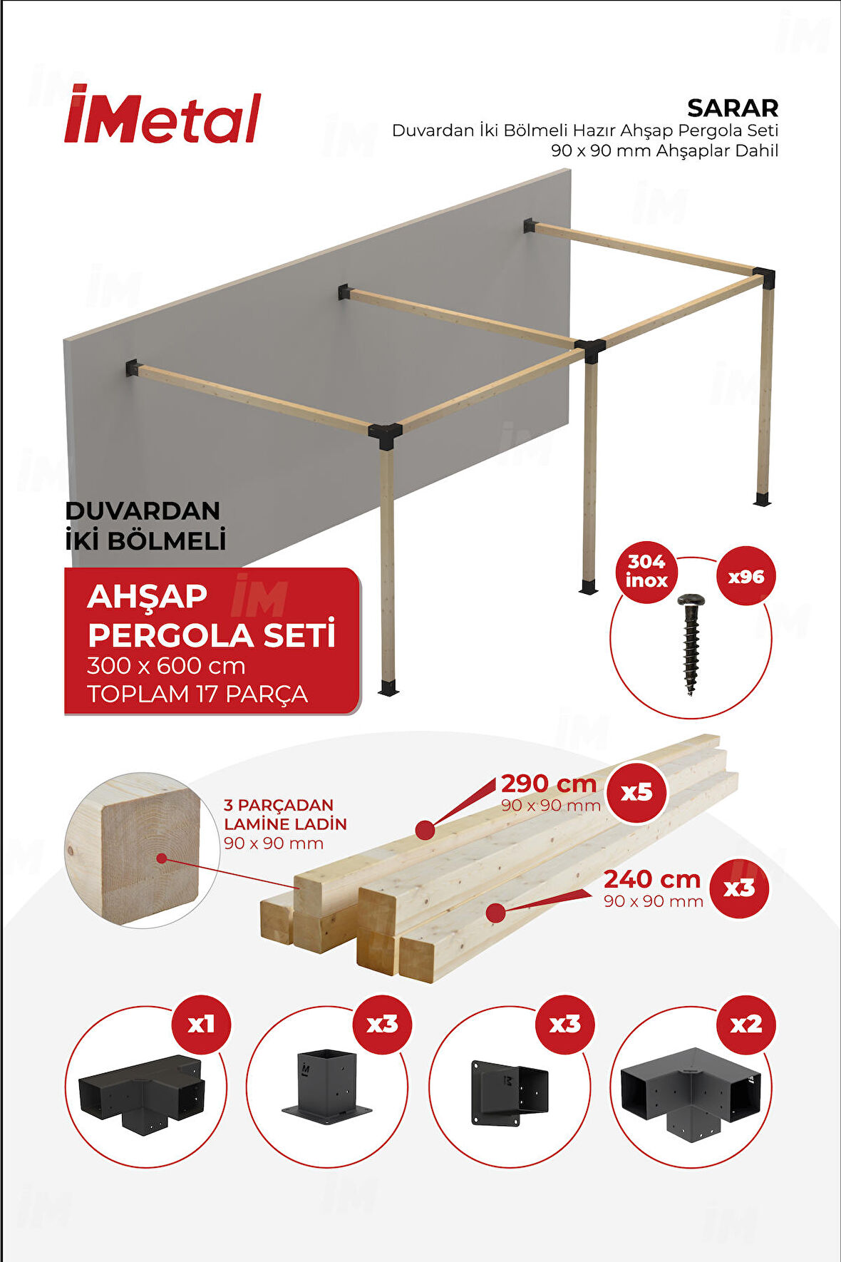 İmetal Sarar Duvardan İki Bölümlü Hazır Ahşap Pergola Seti 90x90 mm Ahşaplar Dahil