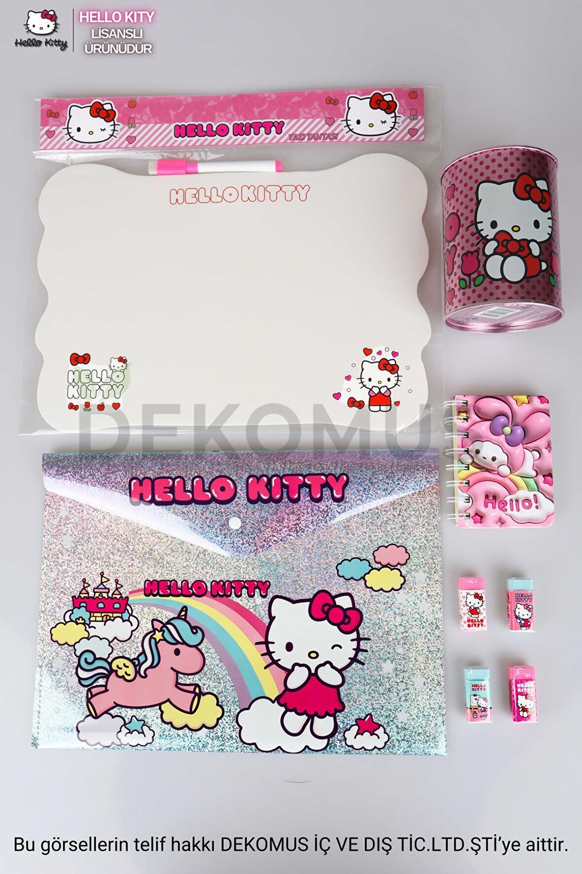 LİSANSLI HELLO KITTY 8 PARÇA KIRTASİYE SETİ KUMBARA,YAZI TAHTASI,3D BLOKNOT,4 ADET SİLGİ VE ÇITÇIT DOSYA 