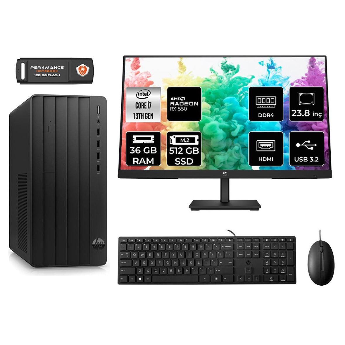 HP TOWER 290 G9 i7 13700 36GB RAM 512GB SSD RX550/4GB FDOS 8T2X2ES MASAÜSTÜ PC & 23.8'' MONİTÖR