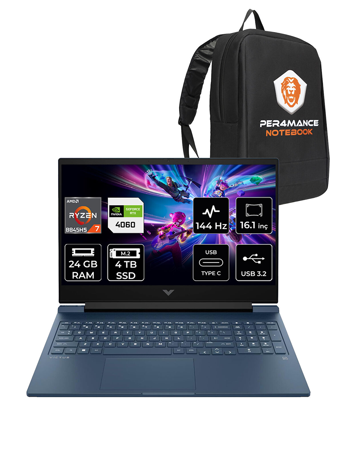 HP VİCTUS 16 R7 8845HS 24GB 4TB SSD RTX4060/8GB 144HZ 16.1'' FHD FDOS A05N8EA & PER4 ÇANTA