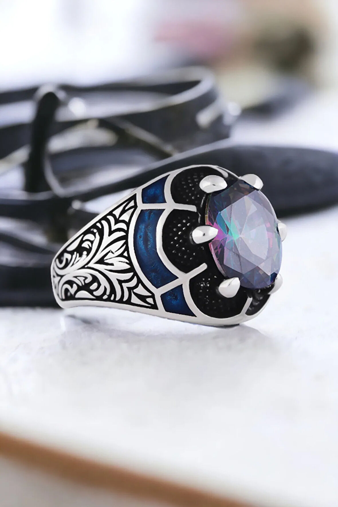 Erkek Gümüş Yüzük - 925 Ayar Gümüş Erkek Mistik Toplaz Taşlı Minimal Erkek Gümüş Yüzük