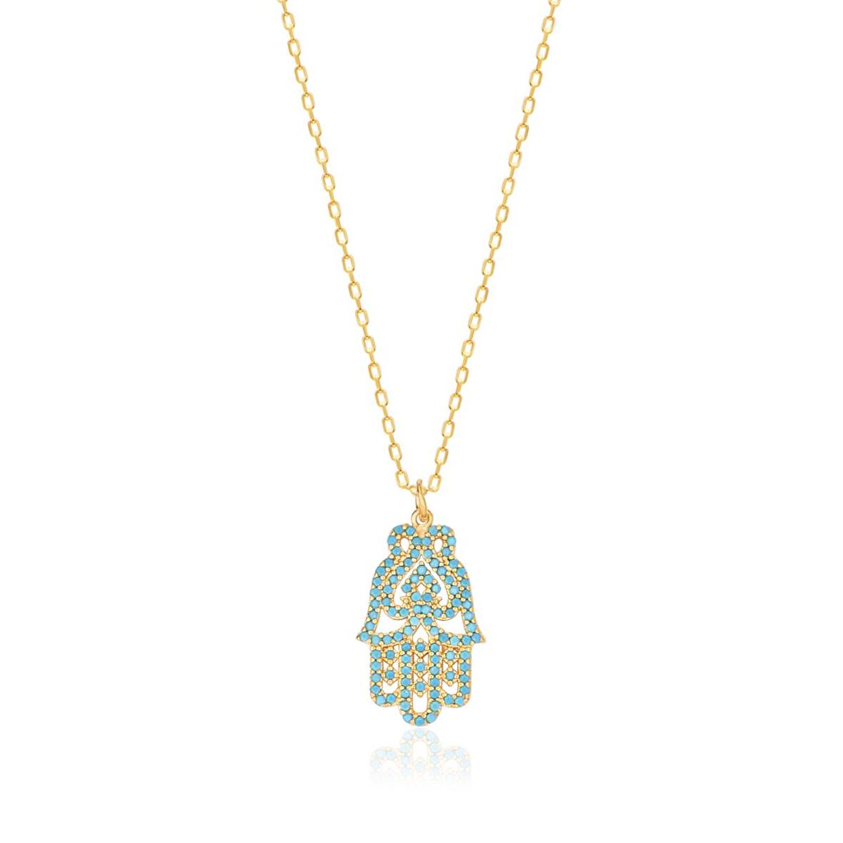 Turkuaz Zirkon Taşlı Pırlanta Montür Altın Kaplama Fatmanın Eli Gümüş Kolye