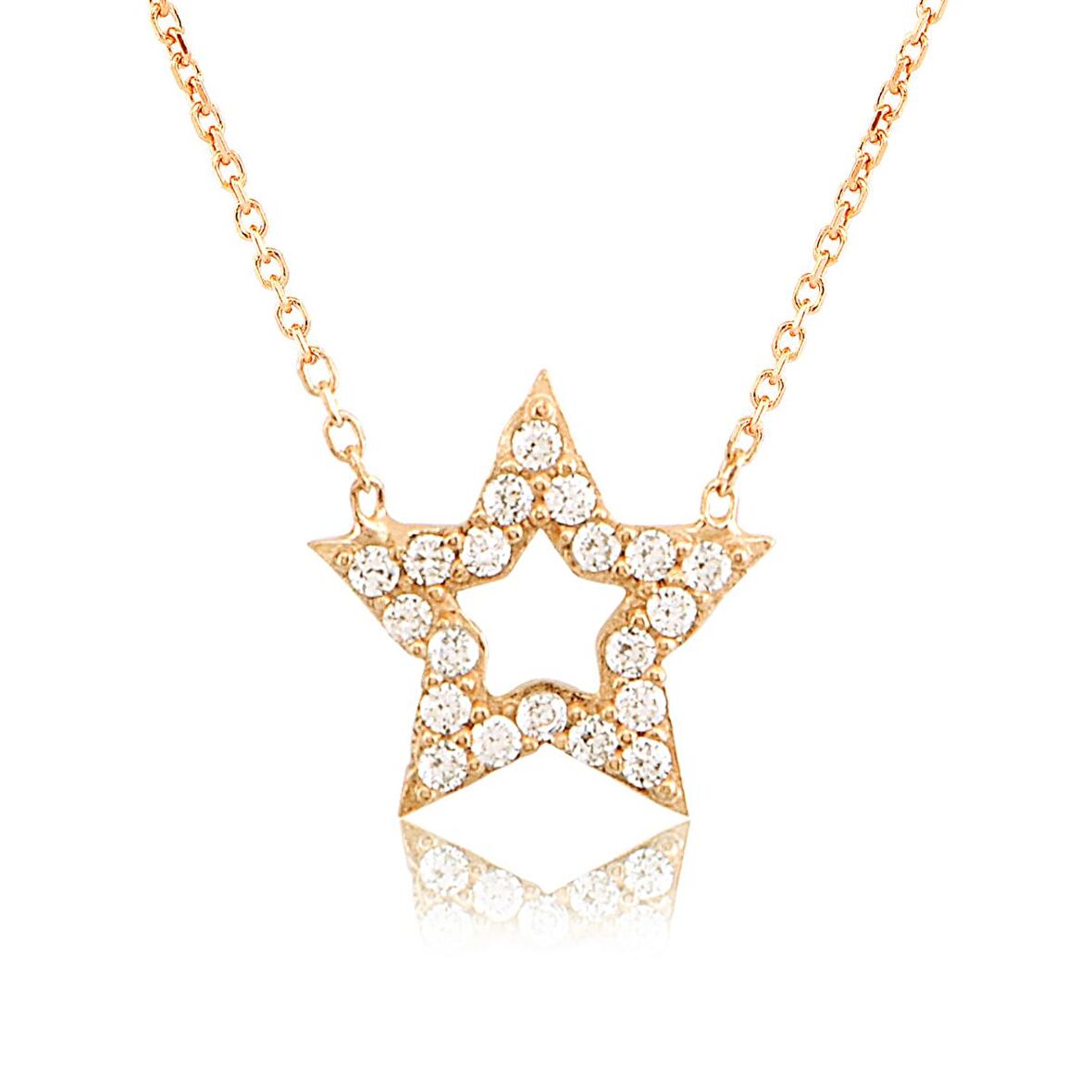 Zirkon Taşlı Pırlanta Montür Yıldız Desenli Altın Kaplama Gümüş Kolye