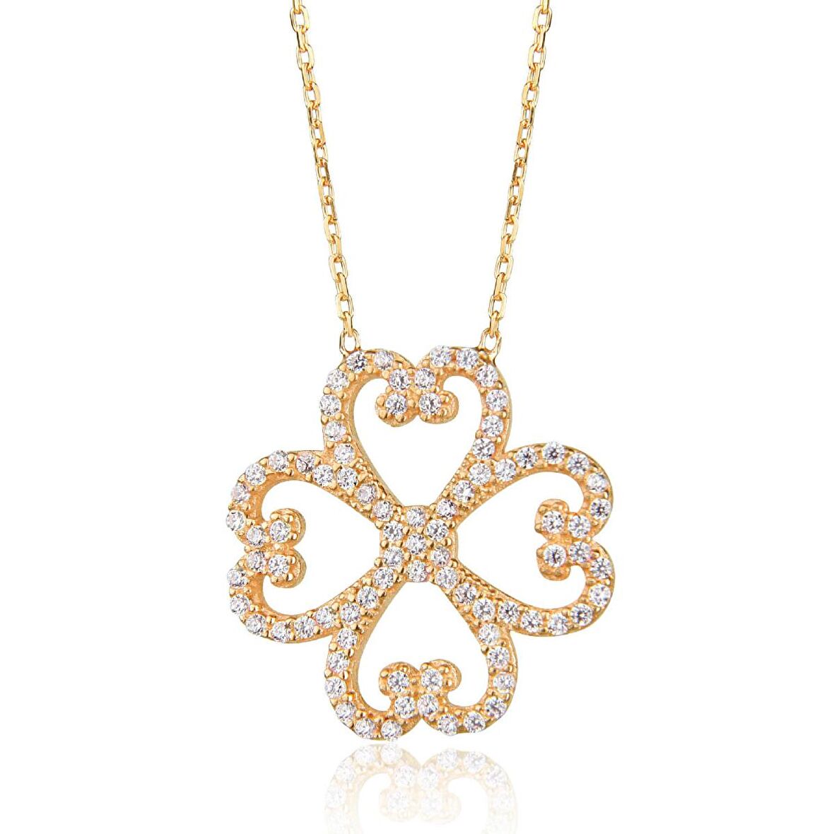 Zirkon Taşlı Pırlanta Montür Kalp Desenli Çiçek Altın Kaplama Gümüş Kolye