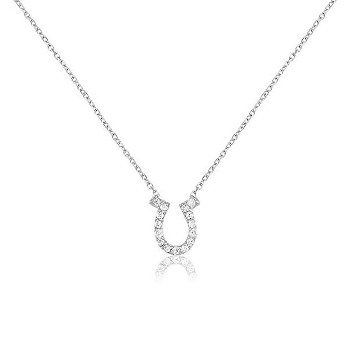 Zirkon Taşlı Pırlanta Montür Gümüş Rengi Kaplama Gümüş Nal Şans Kolye