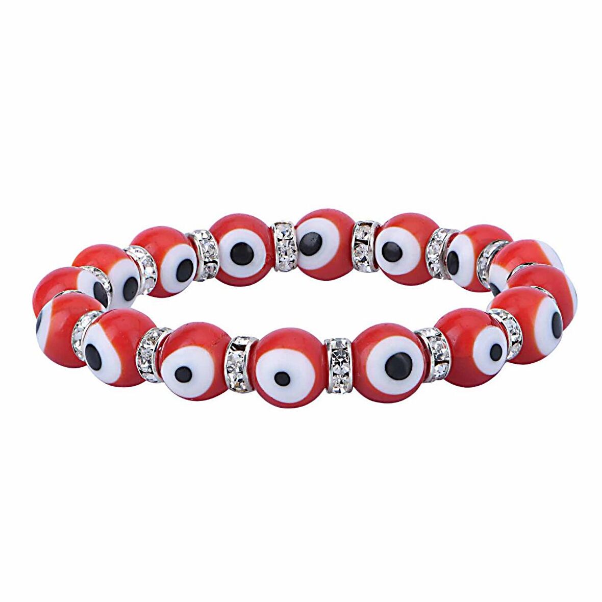 Stretch 10 mm Kırmızı Renk Nazar Boncuklu Kristal Taşlı Rondel  Bileklik