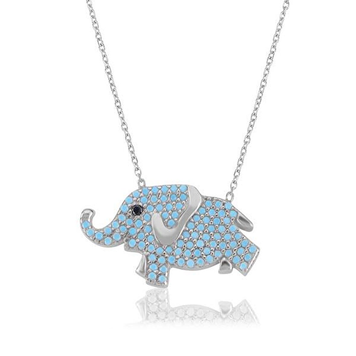 Turkuaz Taşlı Gümüş Rengi Kaplama Fil Desenli Gümüş Kolye