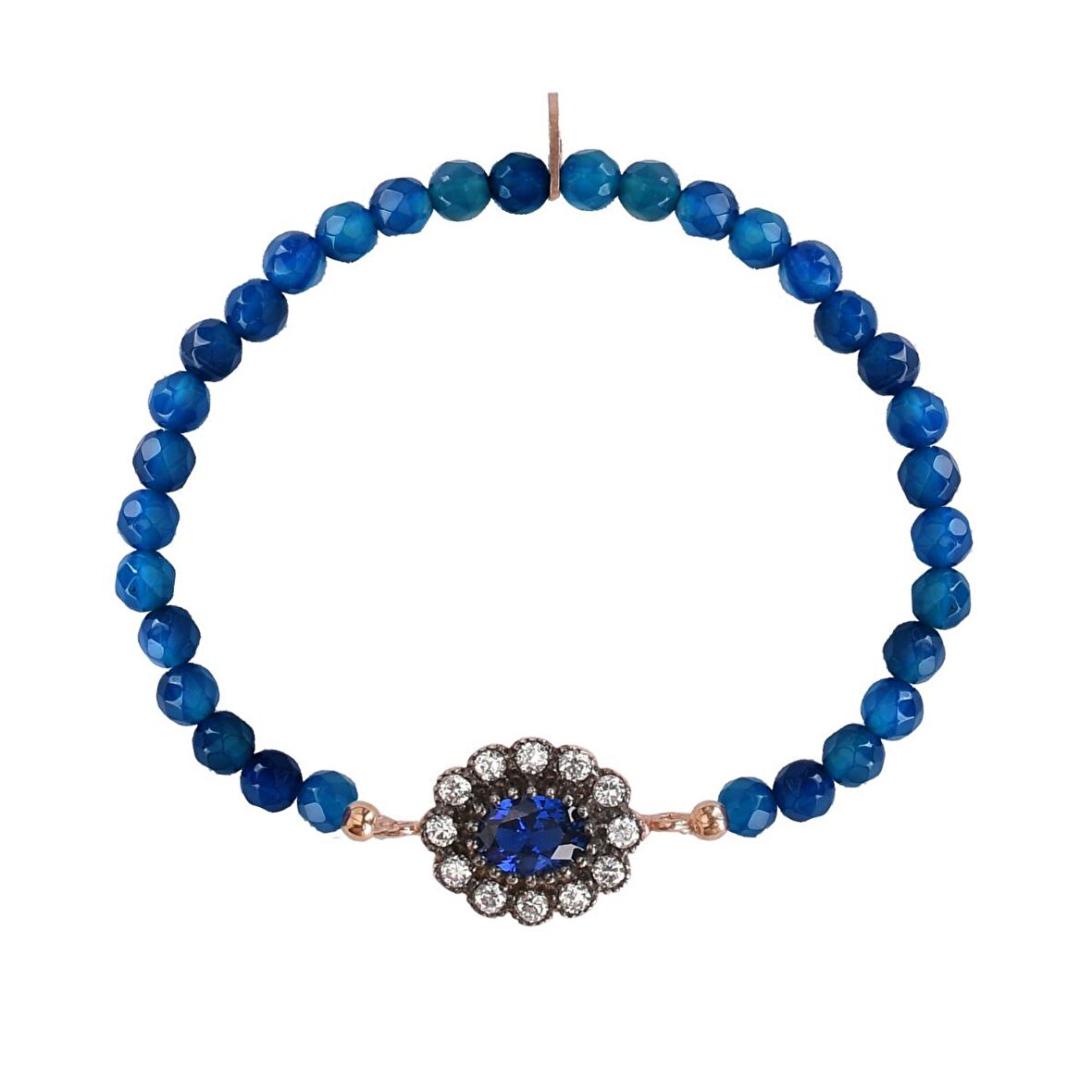 Zirkon Taşlı Pırlanta Montür Rose Altın Kaplama Lacivert Boncuklu Oval Desenli Gümüş Strech Bileklik