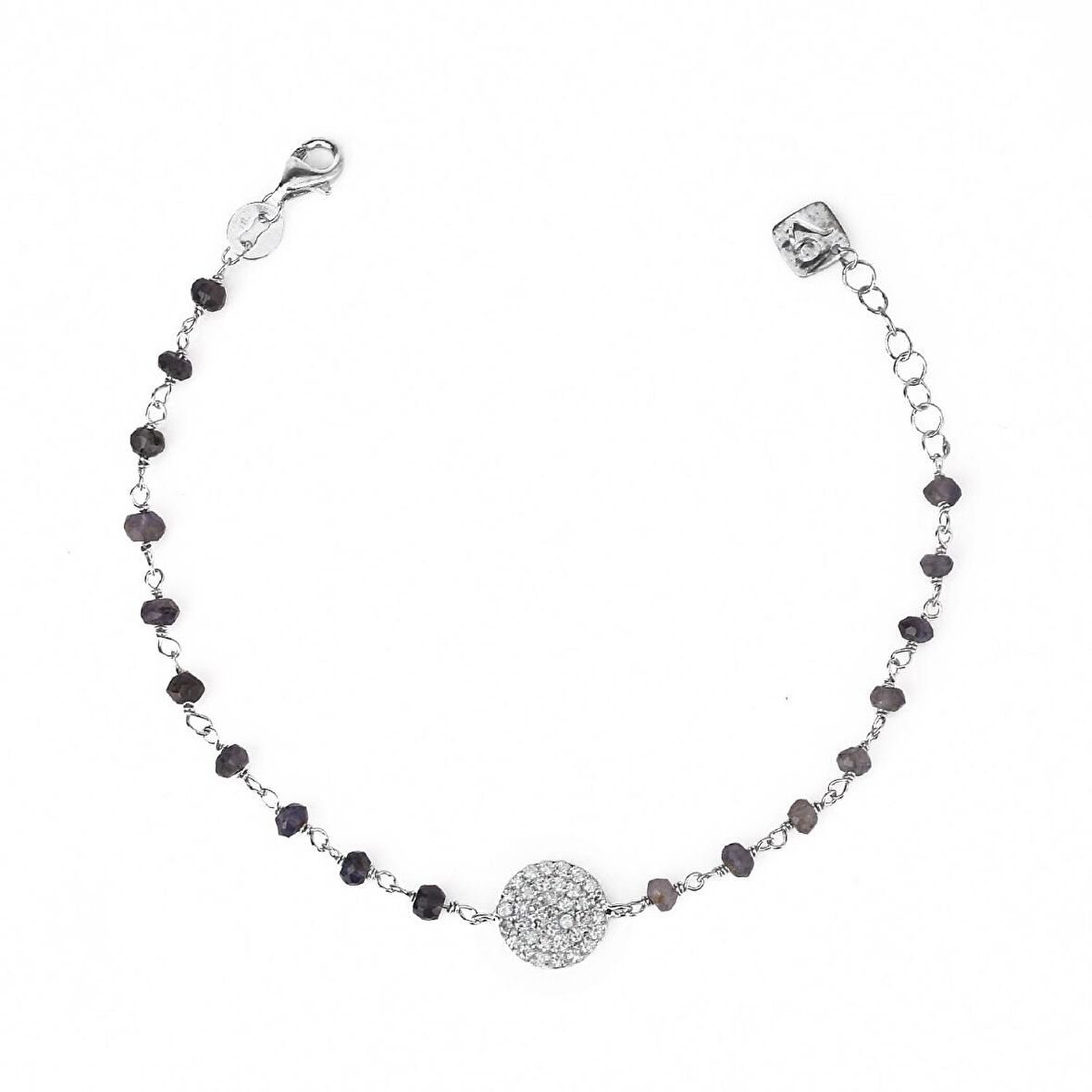 Zirkon Taşlı Pırlanta Montür Gümüş Rengi Altın Kaplama Iolite Rosary Yuvarlak Gümüş Bileklik