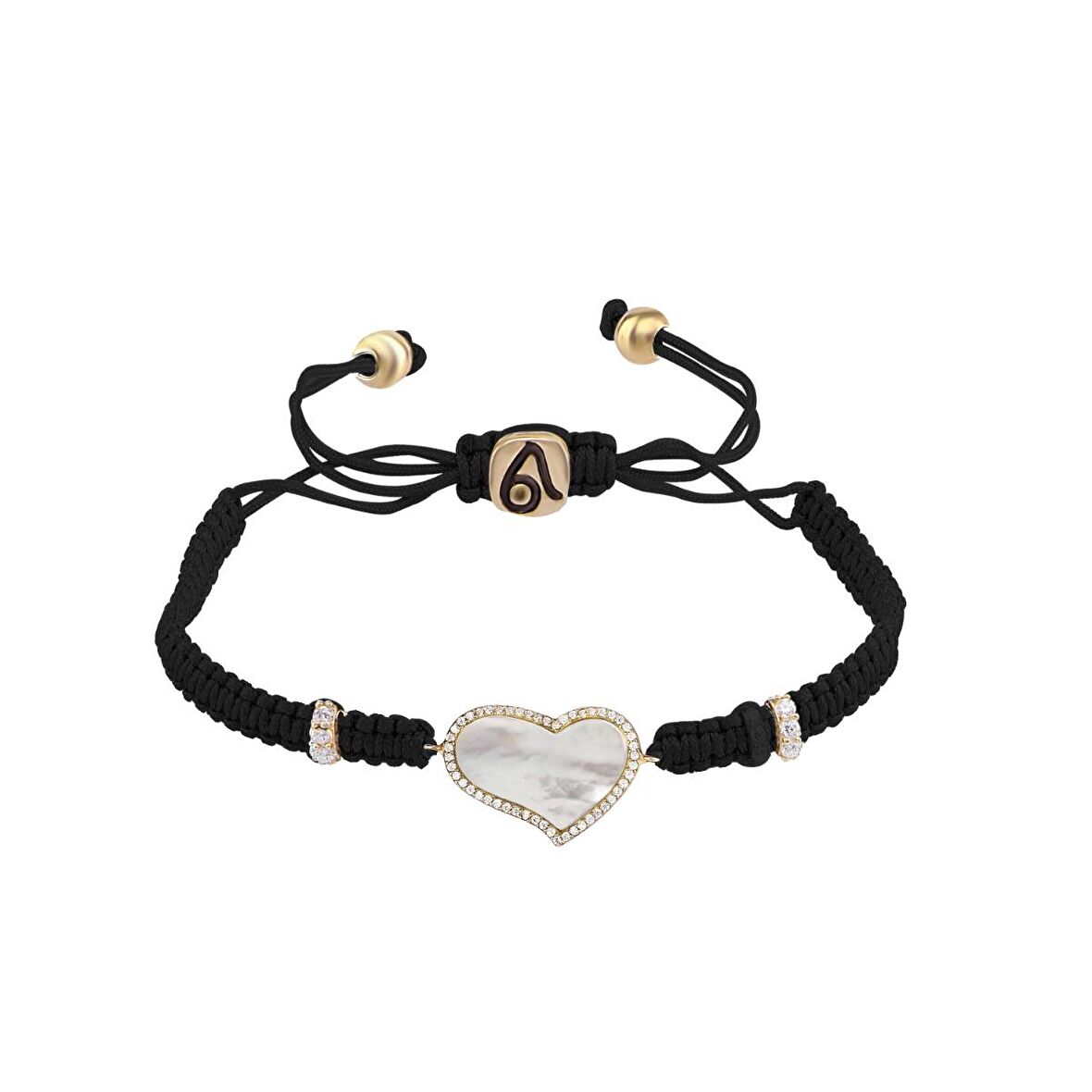 Zirkon Taşlı Pırlanta Montür Rose Altın Kaplama Siyah İpli Sedefli Kalp Gümüş Makrome Bileklik