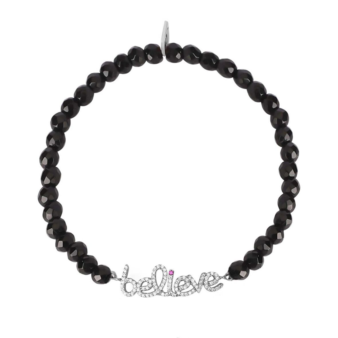 Zİrkon Taşlı Pırlanta Montür Gümüş Rengi Kaplama Siyah Boncuklu Believe Yazılı Strech Gümüş Bileklik