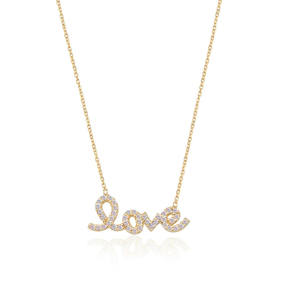 Zirkon Taşlı Pırlanta Montür Altın Kaplama Love Gümüş Kolye