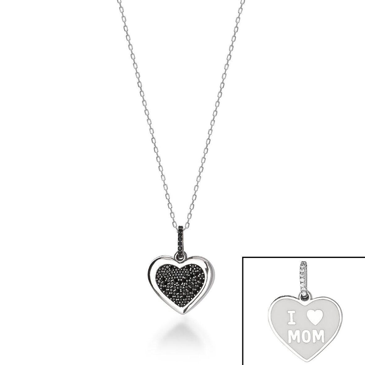 Siyah Zirkon Taşlı Beyaz Mineli Gümüş Rengi Kaplama I Love Mom Yazılı Kalp Kolye