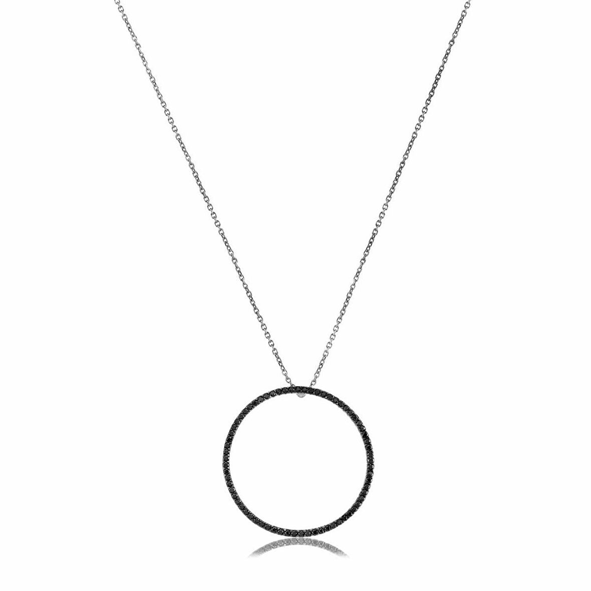 Siyah Taşlı Pırlanta Montür Rodium Kaplama 32 mm Yuvarlak Gümüş Kolye
