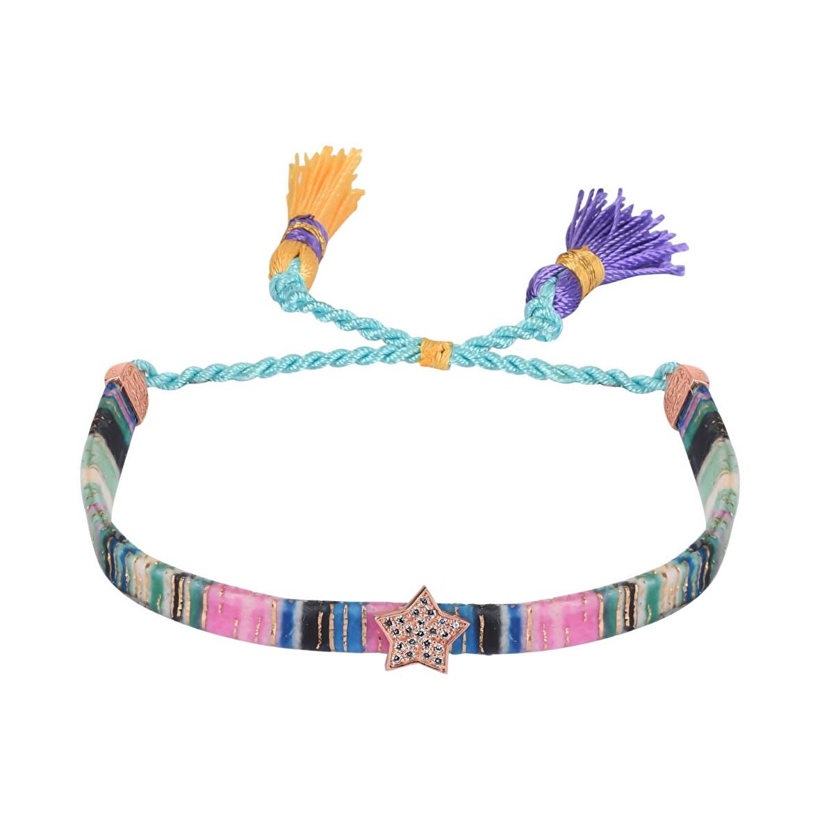 Zİrkon Taşlı Pırlanta Montür Rose Altın Kaplama İpli Yıldız Figürlü Gümüş Bileklik