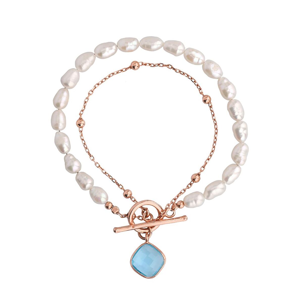 Turkuaz Taşlı Rose Altın Kaplama İncili Dolamalı Gümüş Bileklik