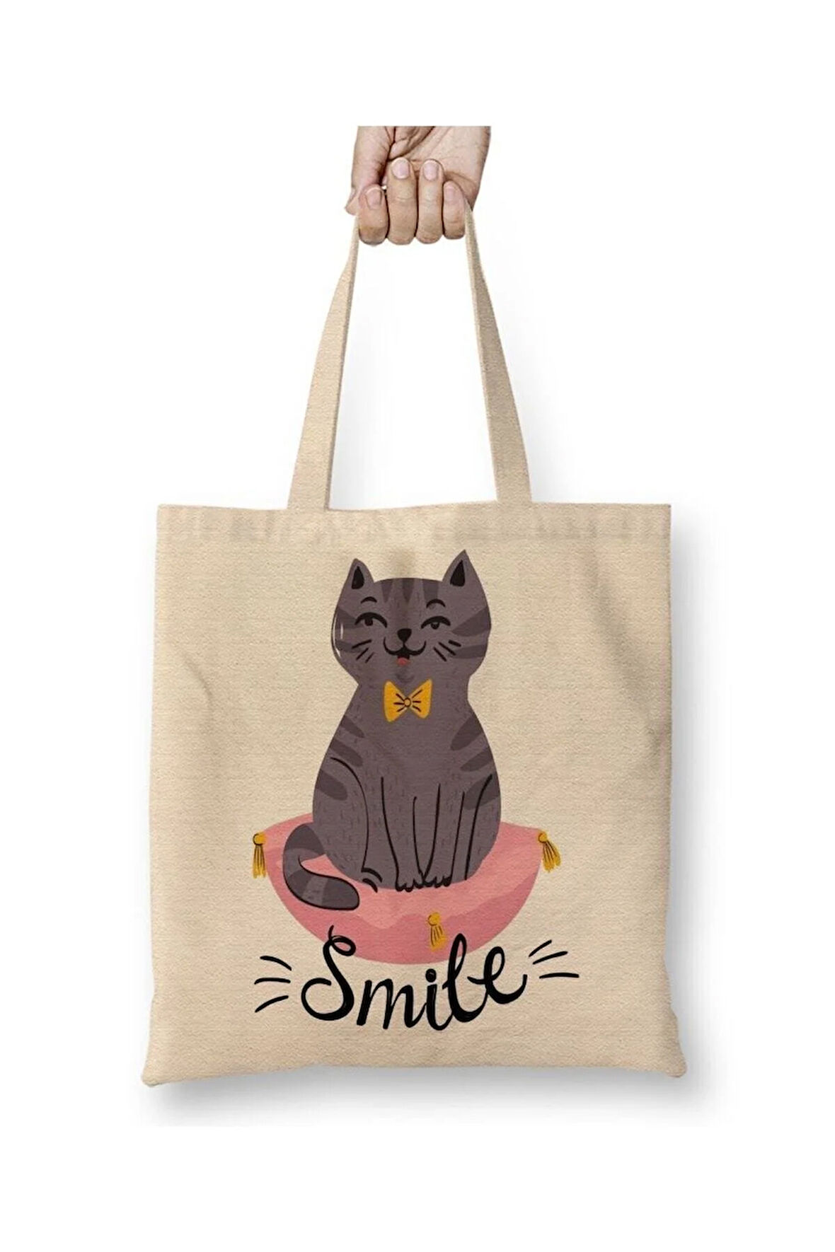 Smile Cat Gülen Kedi Kittens Beyaz Bez Çanta Uzun Saplı Alışveriş Çantası Plaj Çantası