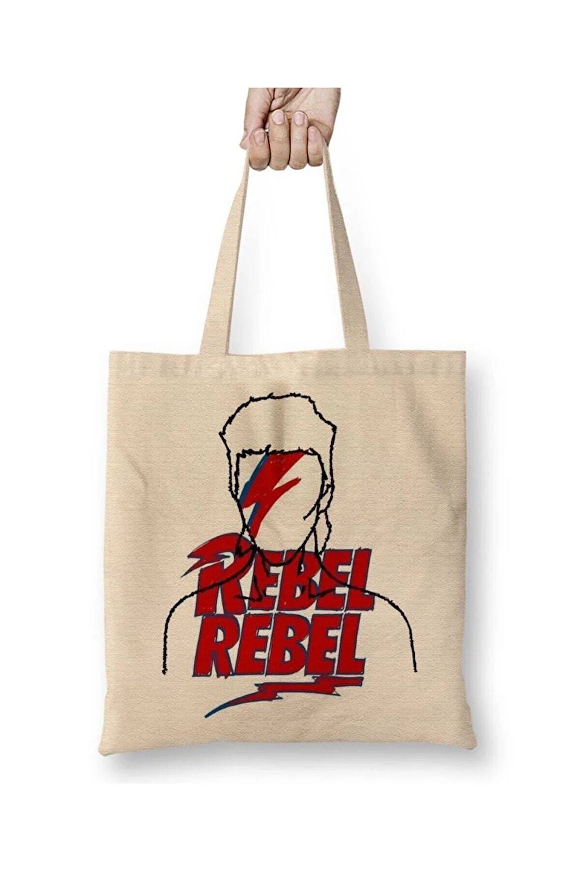 David Bowie Rebel Rebel Beyaz Bez Çanta Uzun Saplı Alışveriş Çantası Plaj Çantası
