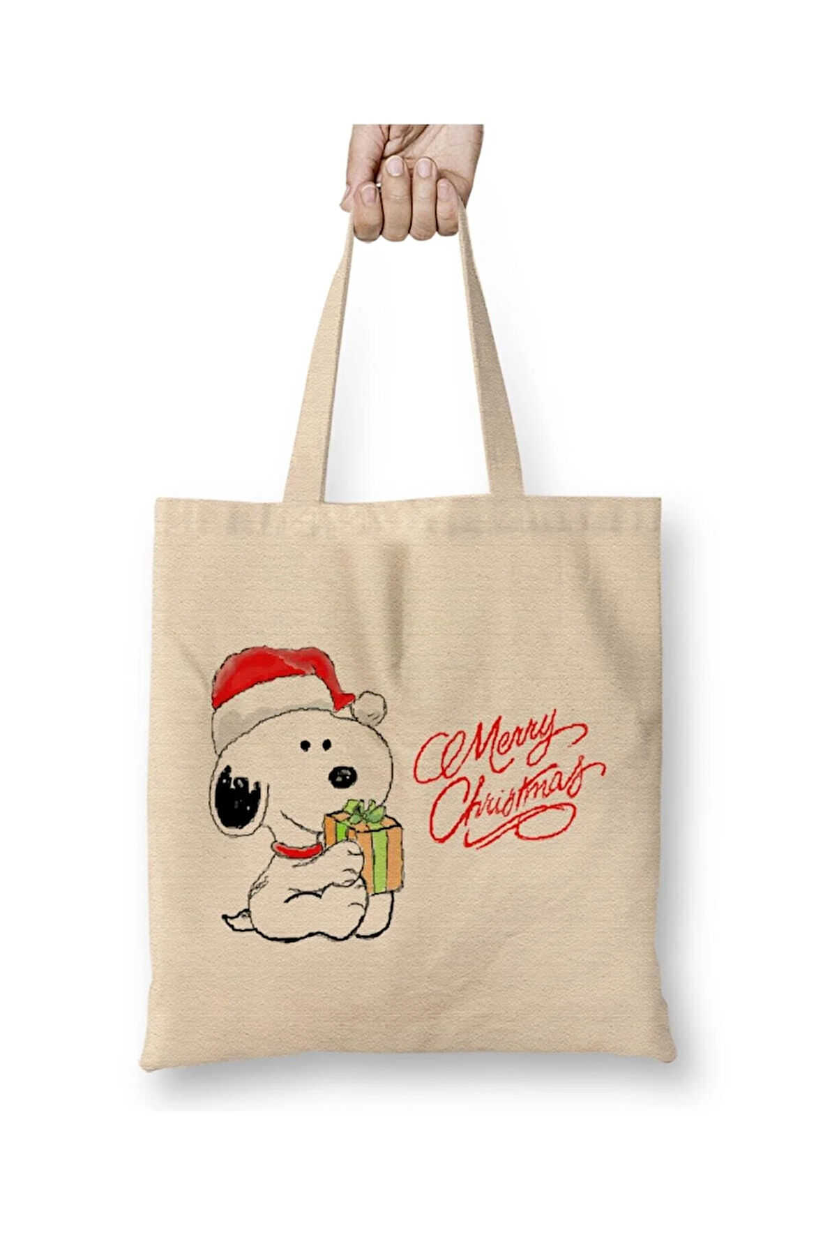 Yılbaşı Yeni Yıl Konseptli Snoopy Merry Christmas Beyaz Bez Çanta Uzun Saplı Alışveriş Çantası