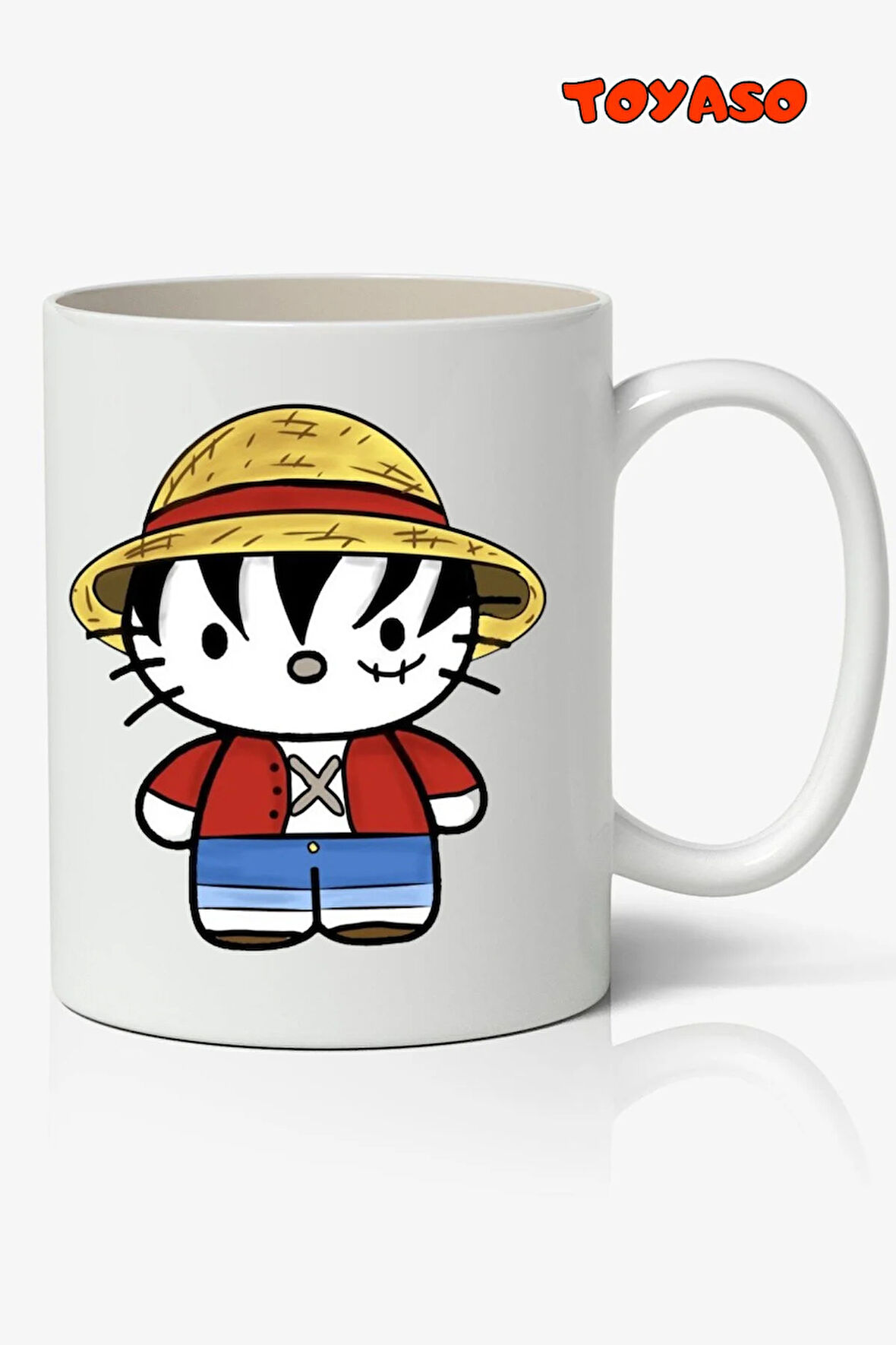 Hasır Şapkalı Luffy Hello Kitty One Piece Temalı Anime Beyaz Kupa Bardak Sevgiliye Arkadaşa Hediye