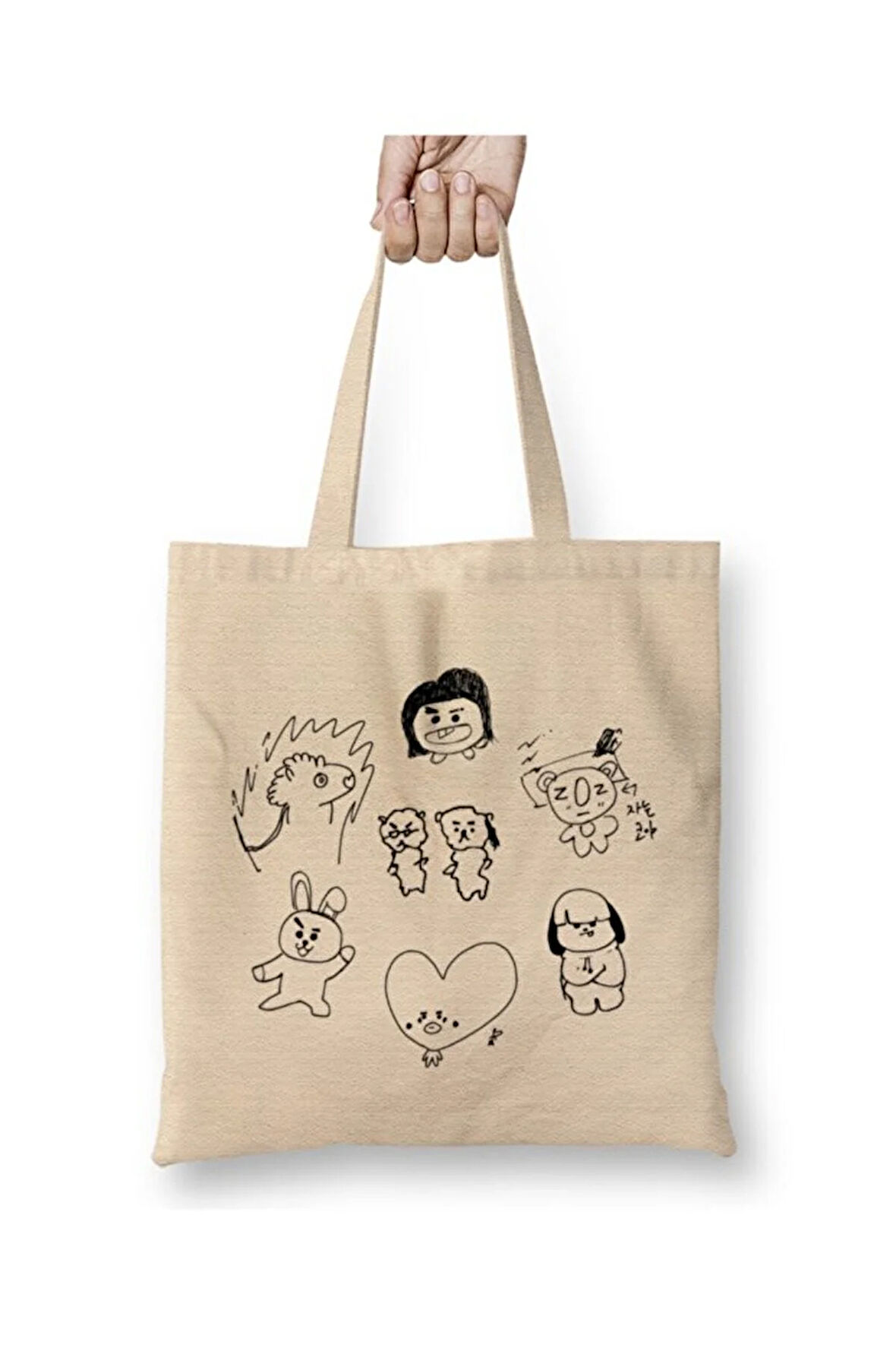 Bts Bt21 Drawing Black Beyaz Bez Çanta Uzun Saplı Alışveriş Çantası Plaj Çantası