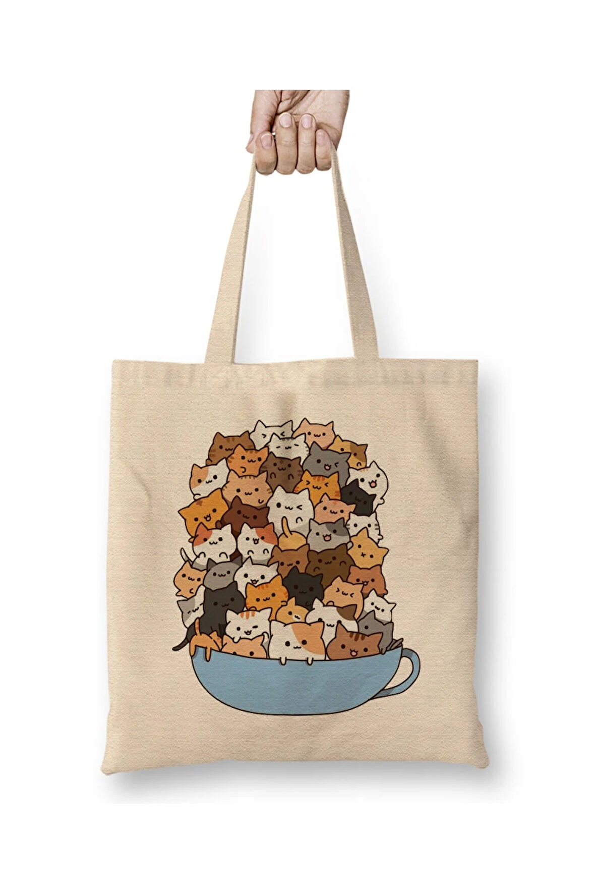 Sevimli Kediler Cats Beyaz Bez Çanta Uzun Saplı Alışveriş Çantası Plaj Çantası