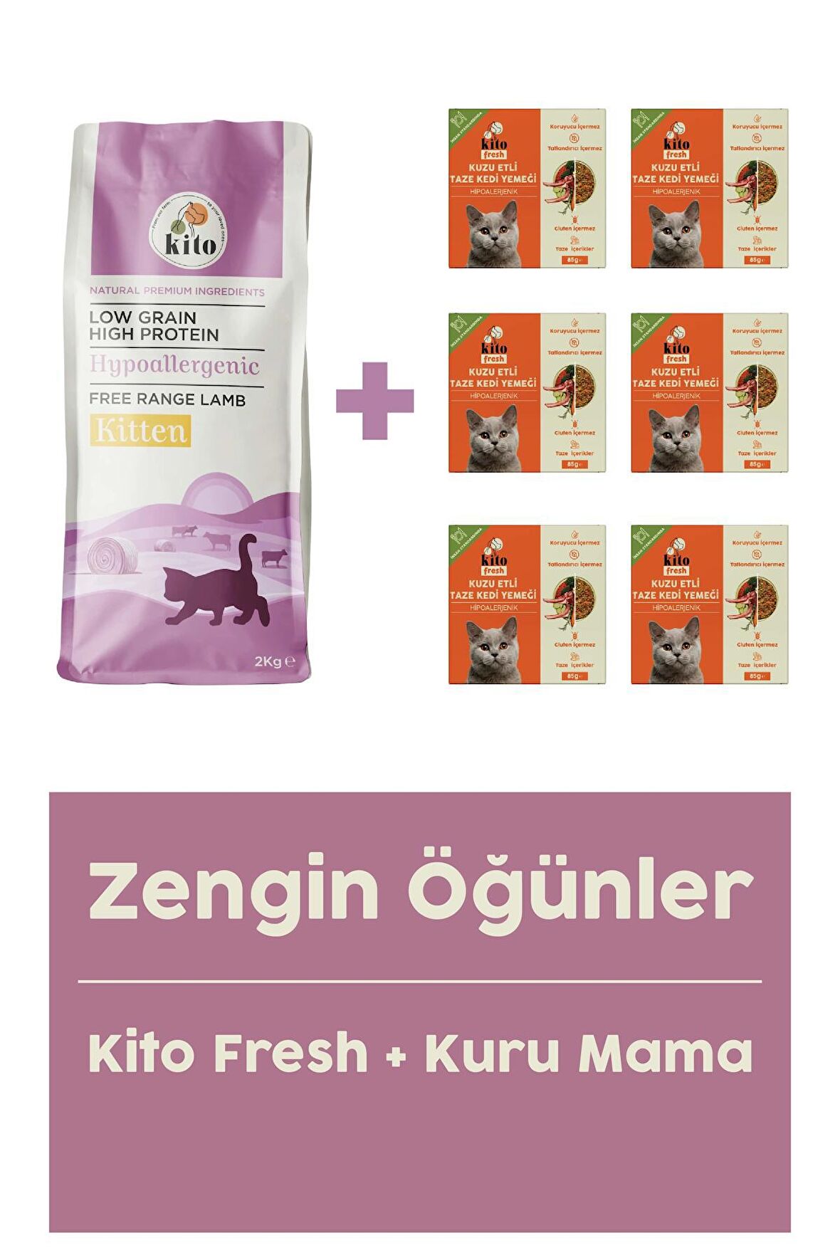 Yavru Kedi Maması 2 kg + Kuzu Etli Kito Fresh X 6