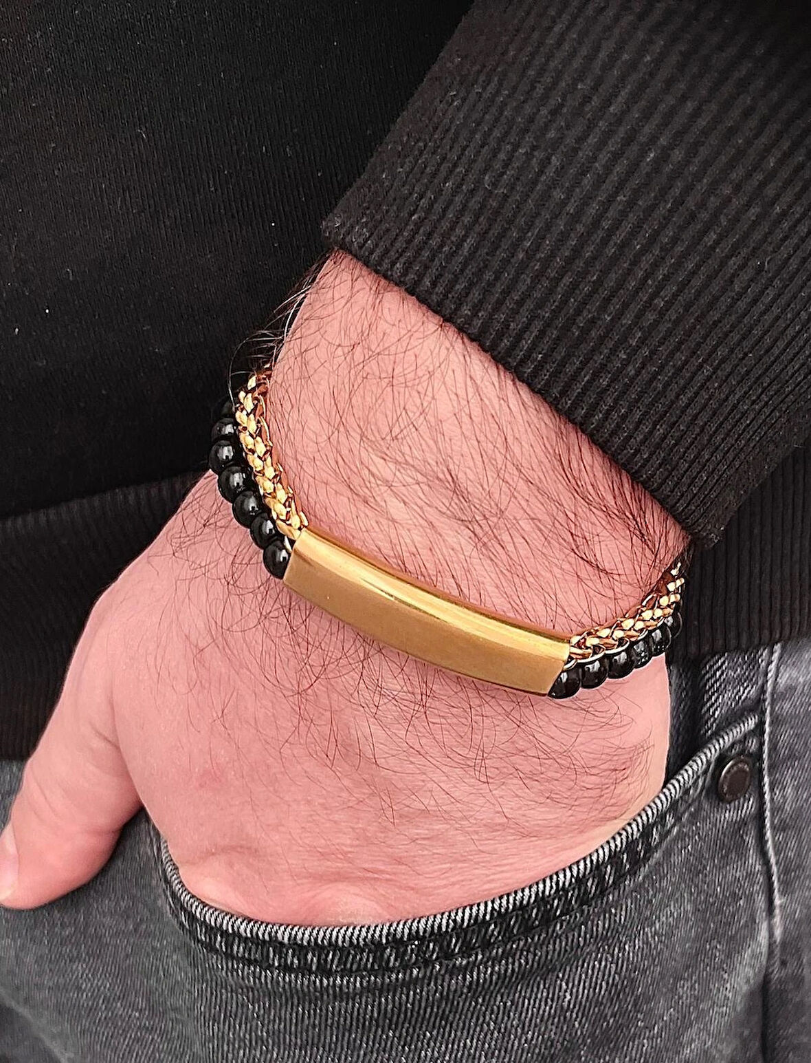 Çelik ve Boncuk Detaylı 2Li Kordon Erkek Bileklik 23 cm