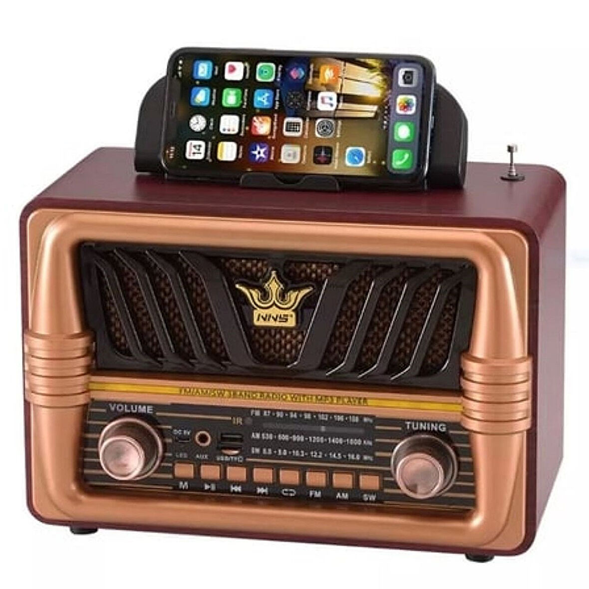 Retro Ahşap Tasarım Bluetooth Hoparlörlü Radyo (Büyük Boy, Telefon Standlı, FM/AM Destekli)