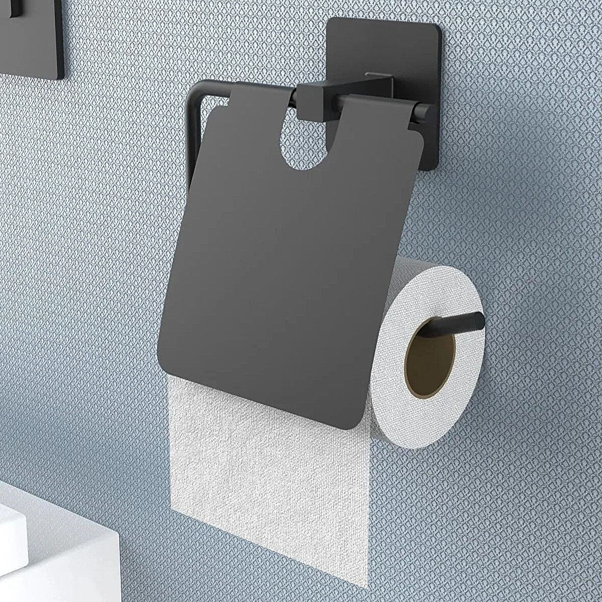 Yapışkanlı Siyah Paslanmaz Metal Kapaklı Tuvalet Kağıtlığı