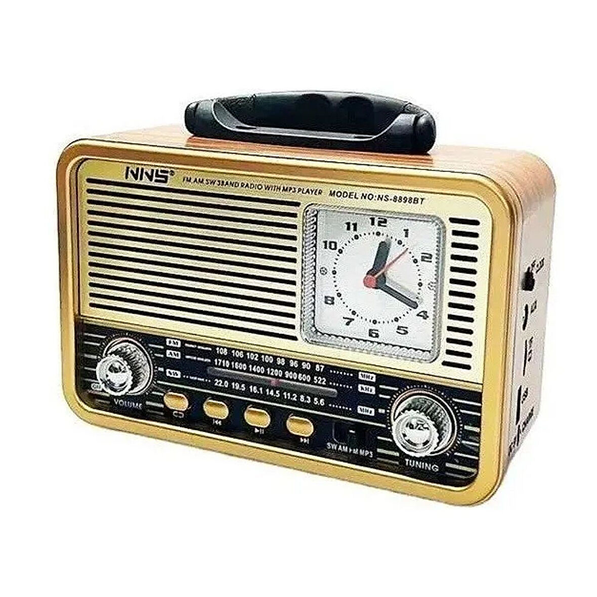 Orta Boy Retro Ahşap Tasarım Radyo (Saat Göstergeli, Şarjlı, Bluetooth Hoparlörlü FM/AM)