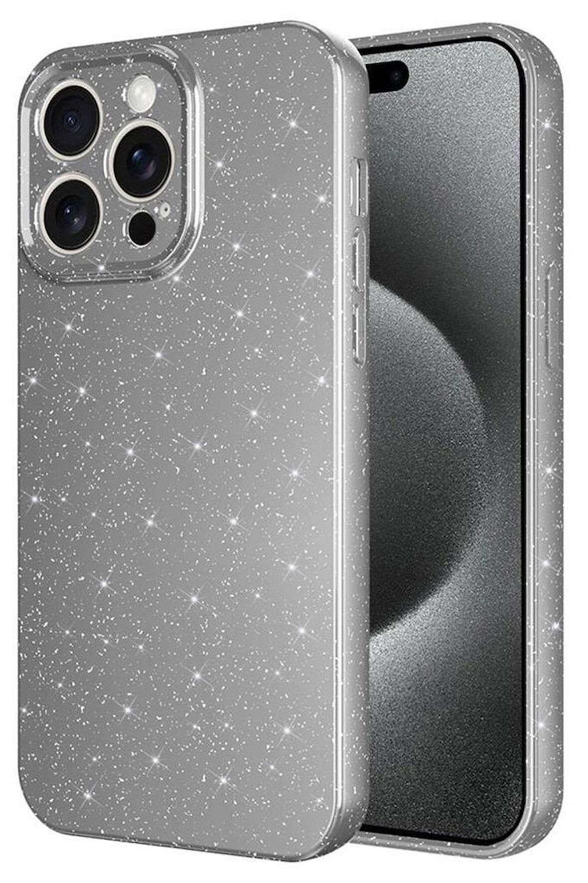 iPhone 15 Pro Kılıf Kamera Korumalı Simli Parıltılı Lüks Silikon