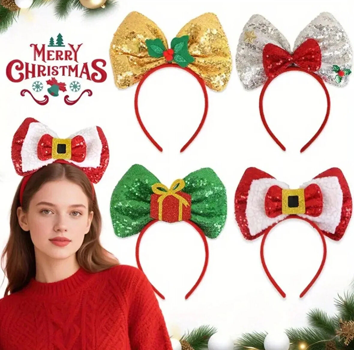 Yeni Yıl Yılbaşı Noel Taçları Parlak Kurdele & Kırmızı Şeritli Saç Bandları