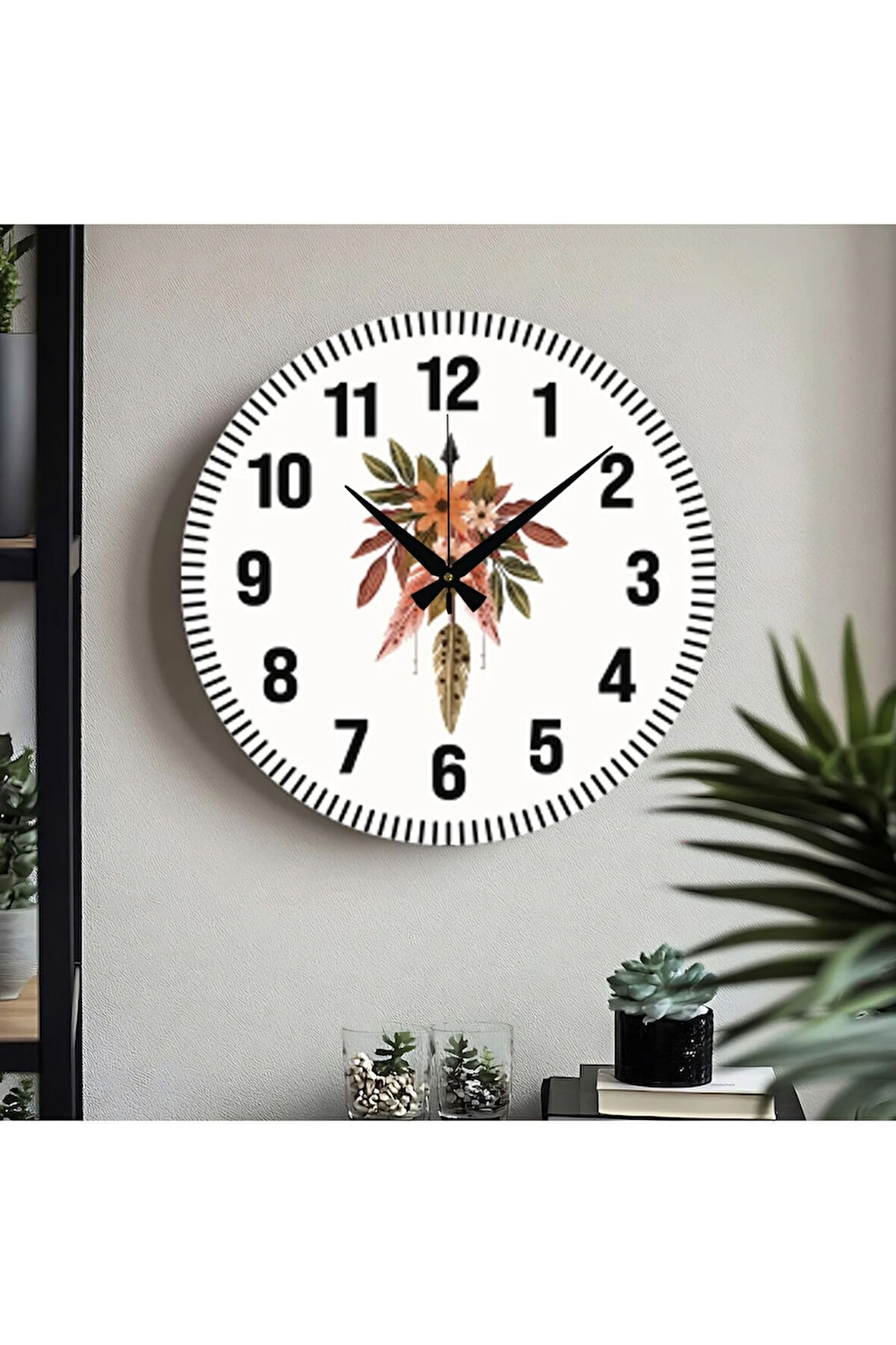 Çiçek desenli Dekoratif Türkçe Rakamlı UV Baskılı Duvar Saati (Sessiz) Akar Mekanizma Metal Akrep