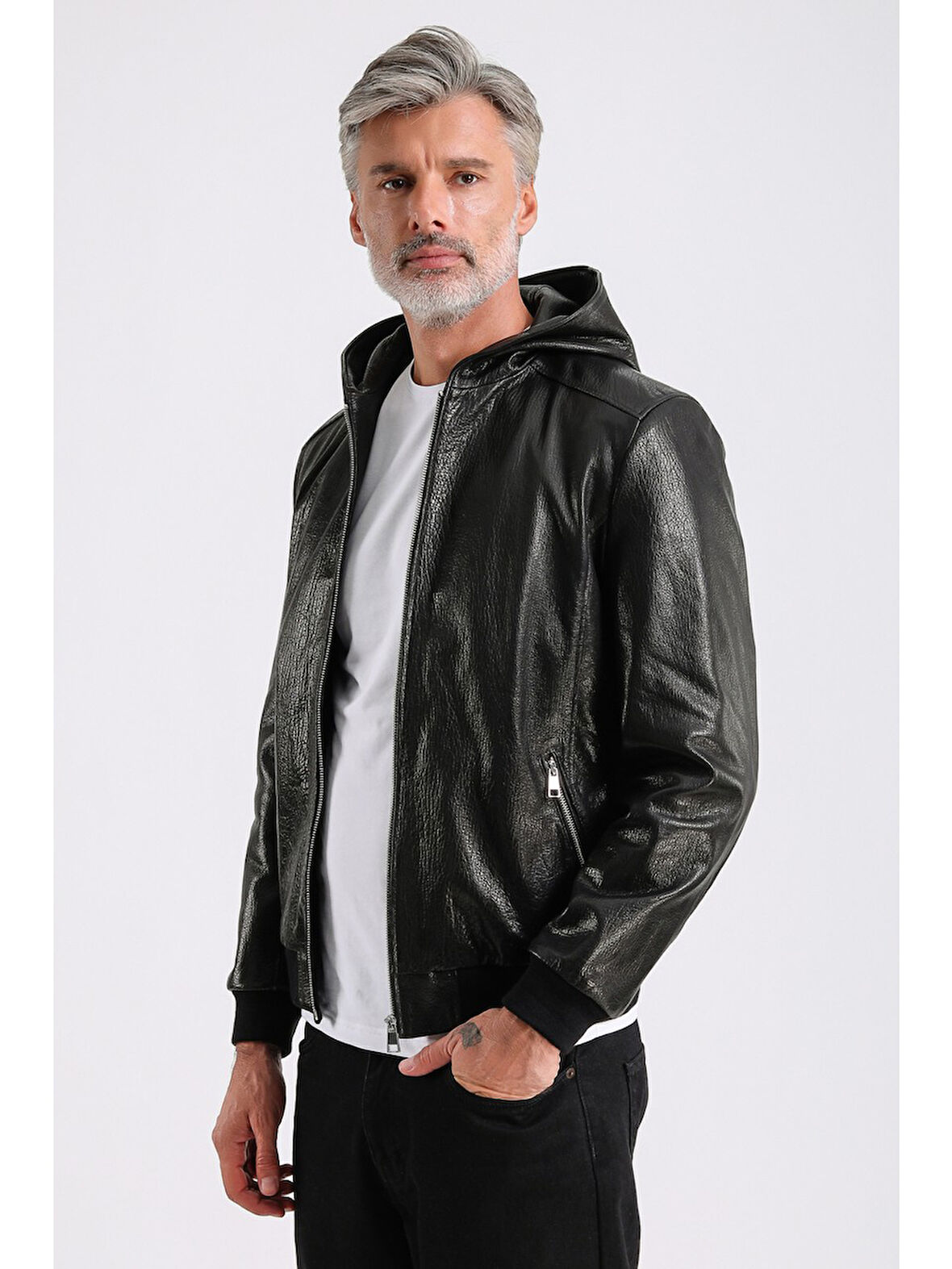 Arda Erkek Kapüşonlu Deri Mont