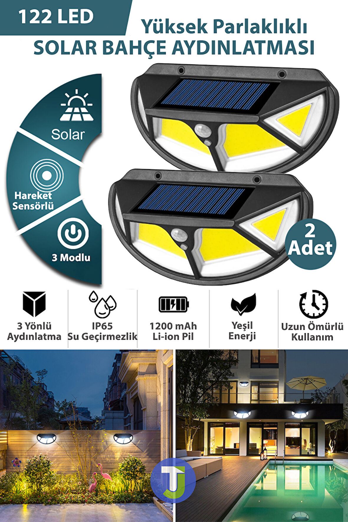 Technojet 2Adet Solar 122COB Ledli 3 Modlu Bahçe Aydınlatma Güneş Enerjili Lamba Hareket Sensörlü