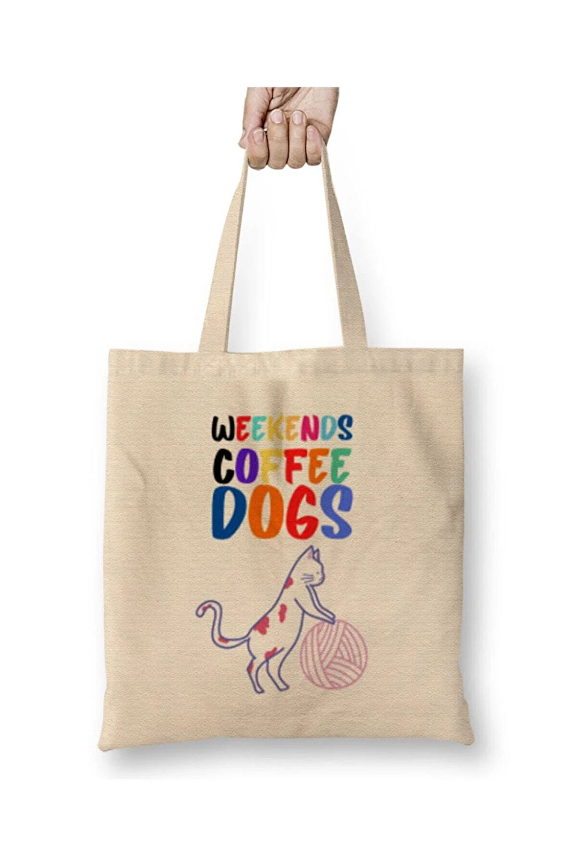 Coffee Cat Lover Funny Cat Kediler Beyaz Bez Çanta Uzun Saplı Alışveriş Çantası Plaj Çantası