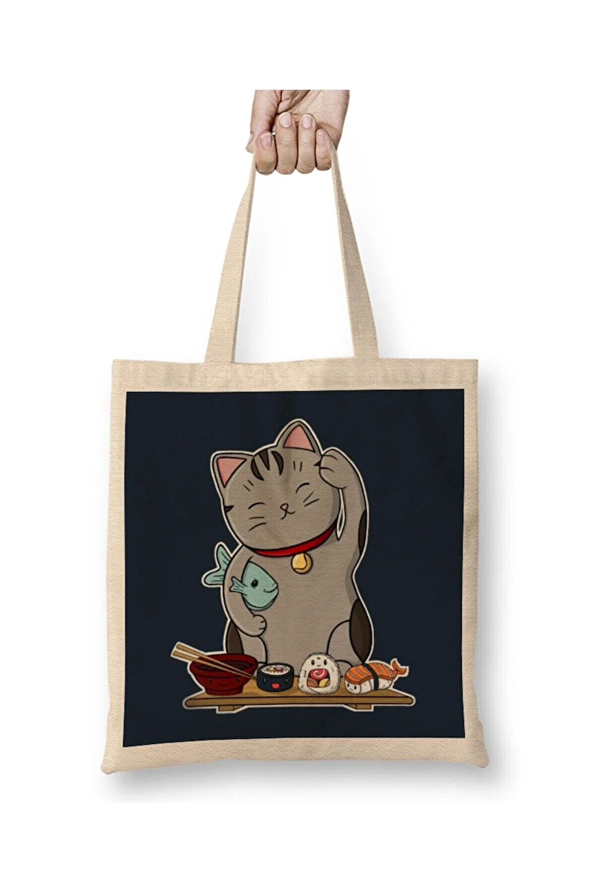 Sushi Cat Lucky Kedi Beyaz Bez Çanta Uzun Saplı Alışveriş Çantası Plaj Çantası