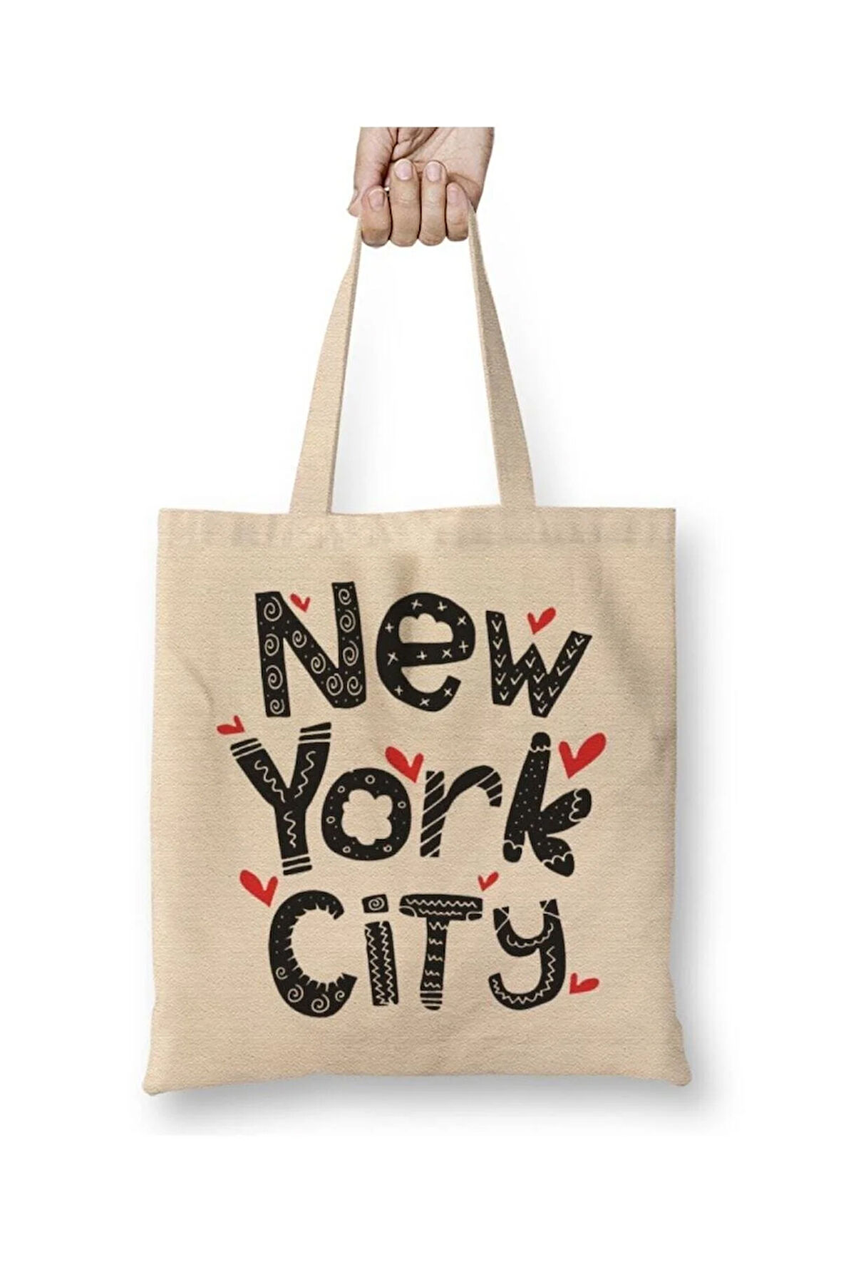 New York City Beyaz Bez Çanta Uzun Saplı Alışveriş Çantası Plaj Çantası