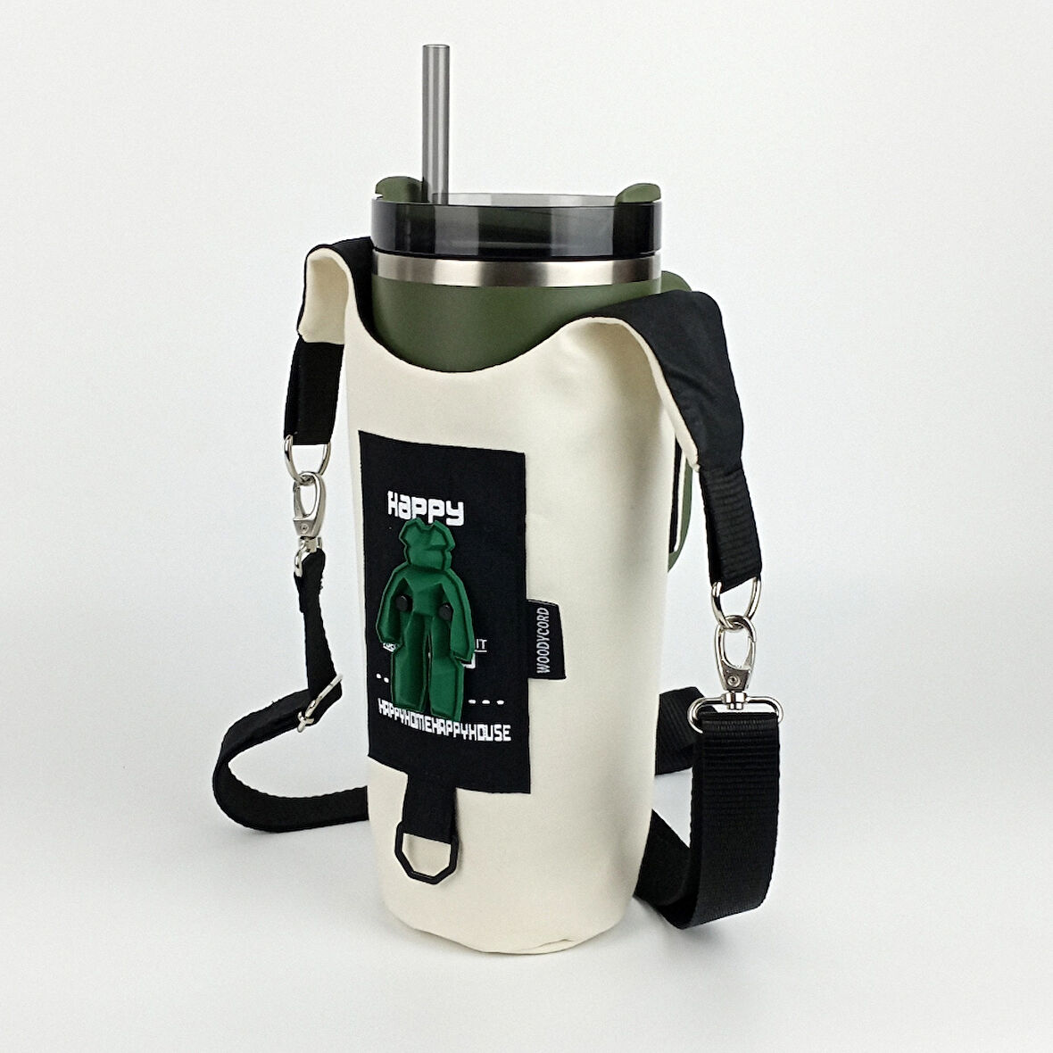 Woodycord El Yapımı Happy Bear Matara Termos Kılıfı Kulplu Model Quencher Pipetli 1,18